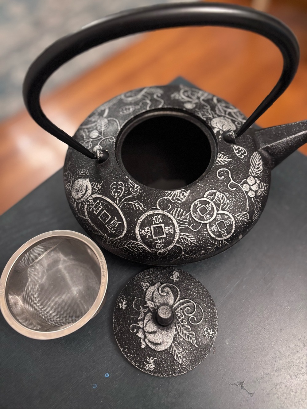 Teavana Black Cast Iron Teapot with White Floral & Coin Etching‎
